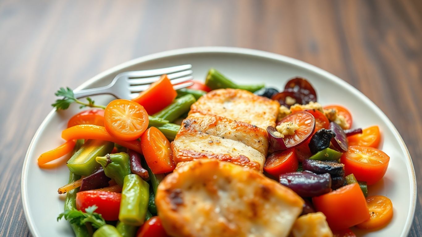 Colorful gut-friendly dinner plate with vegetables and protein.