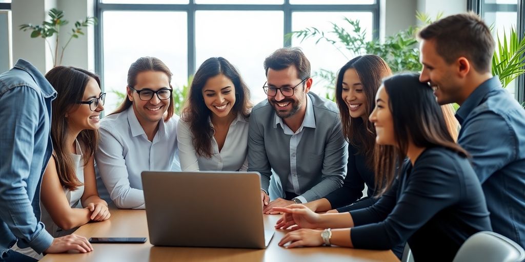 Local email marketing agency team meeting happy clients.
