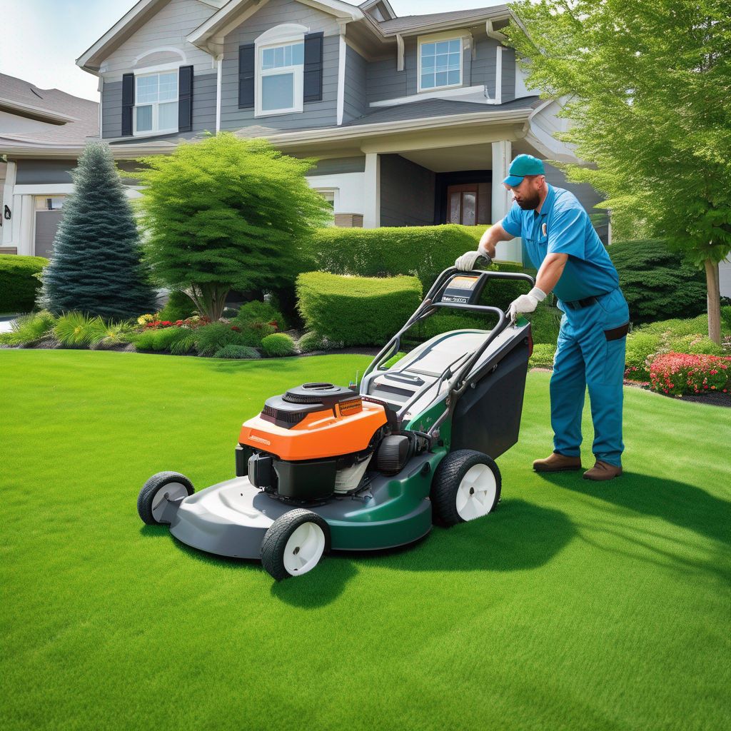 professional lawn care service team trimming grass in suburban neighborhood
