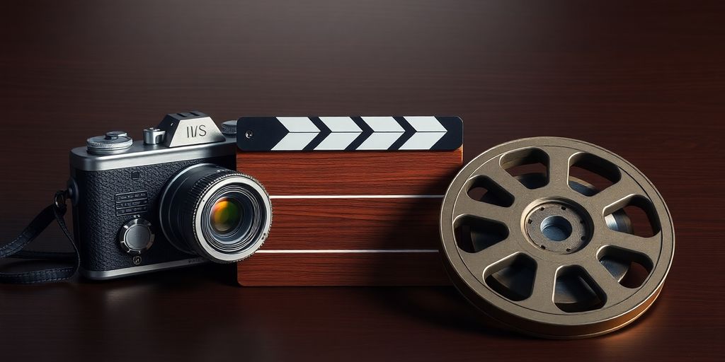 Camera, clapboard, and film reel.