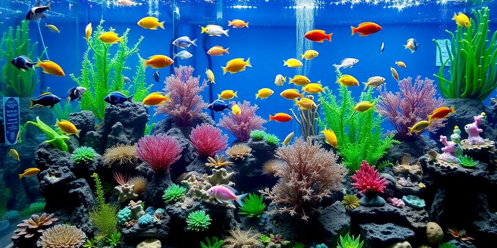 五彩斑斓的盐水鱼在装饰水族馆中。