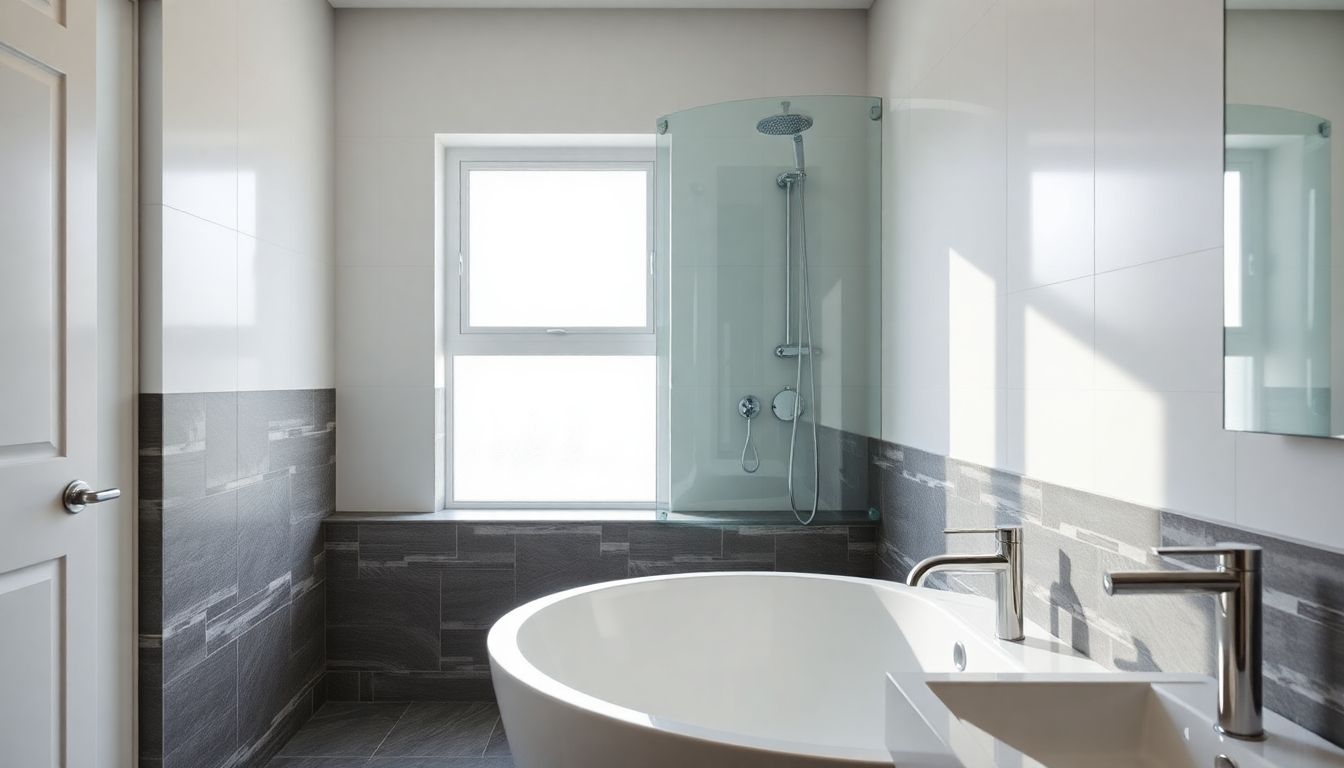 Modern bathroom with bathtub and stylish tiles.