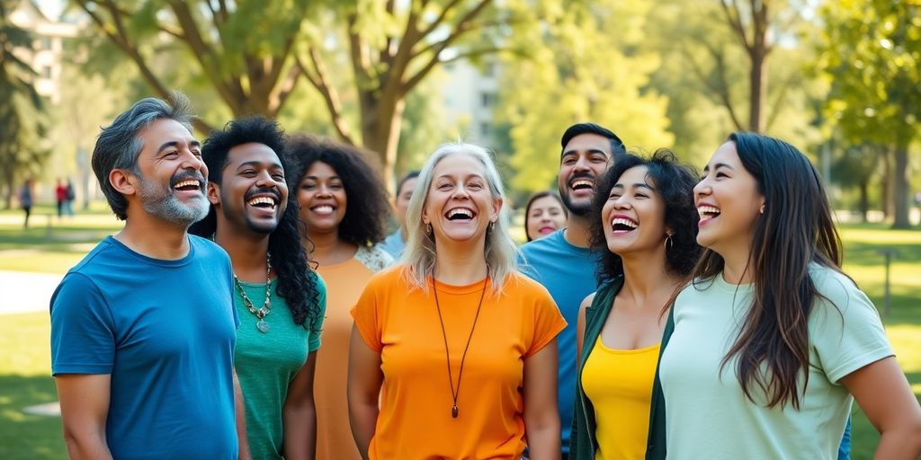 Groep mensen die samen lachen in een park.