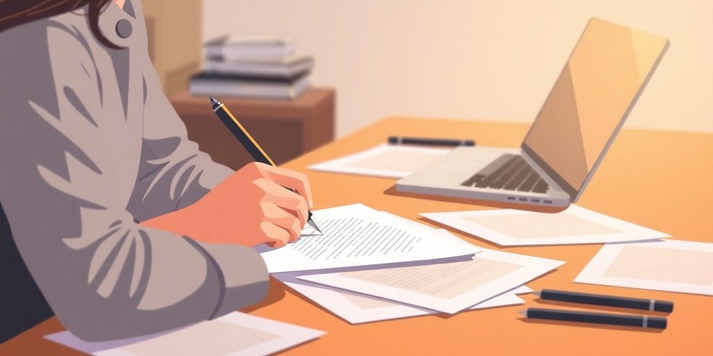 Person writing, surrounded by job application documents.