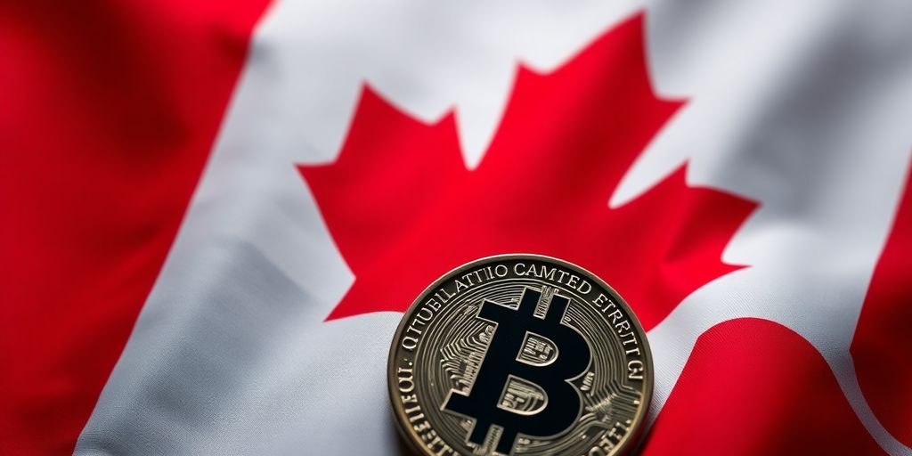 Canadian flag with digital currency symbols in background.