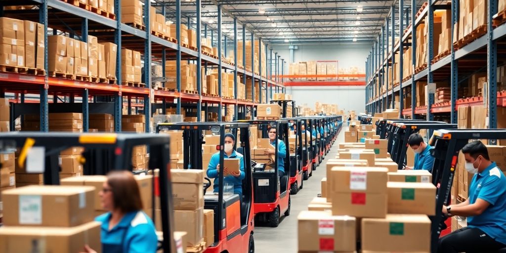 Effiziente Lager- und Logistikprozesse: Tipps für Personalplanung und Technik Logistiklager mit Mitarbeitern und modernen Lagereinrichtungen.