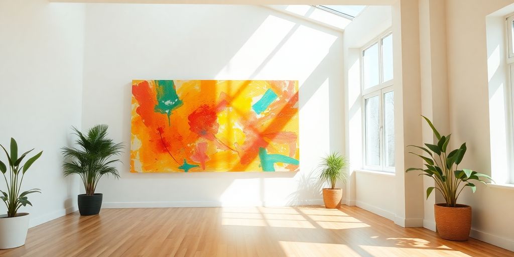 Sunlit room with vibrant abstract painting.