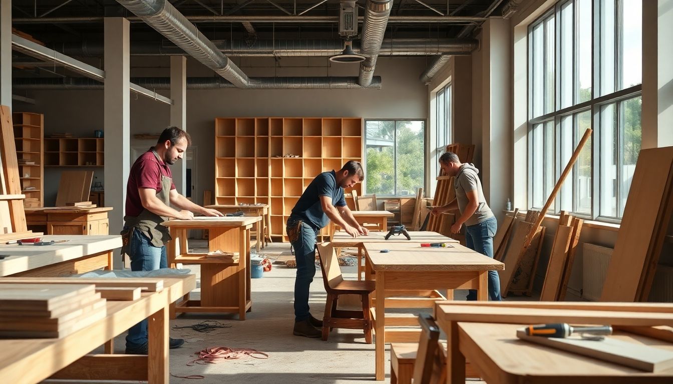 Carpenters working on office furniture in London.