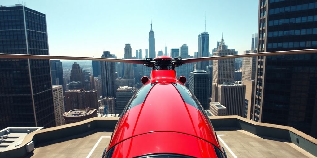 A helicopter sits on a rooftop helipad in NYC.