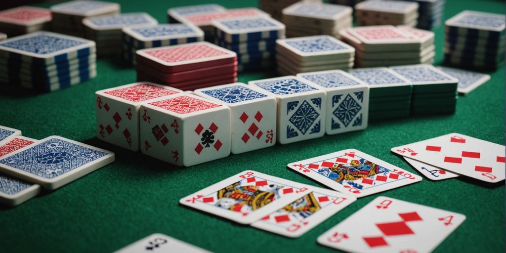Poker cards and Mahjong tiles creatively arranged together.