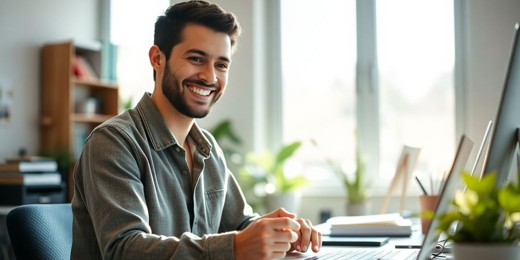 Person smiling while working productively at a clean desk.