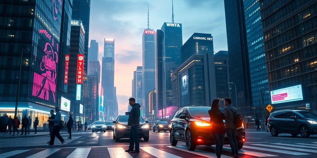 Futuristic cityscape with integrated AI technology and neon lights.