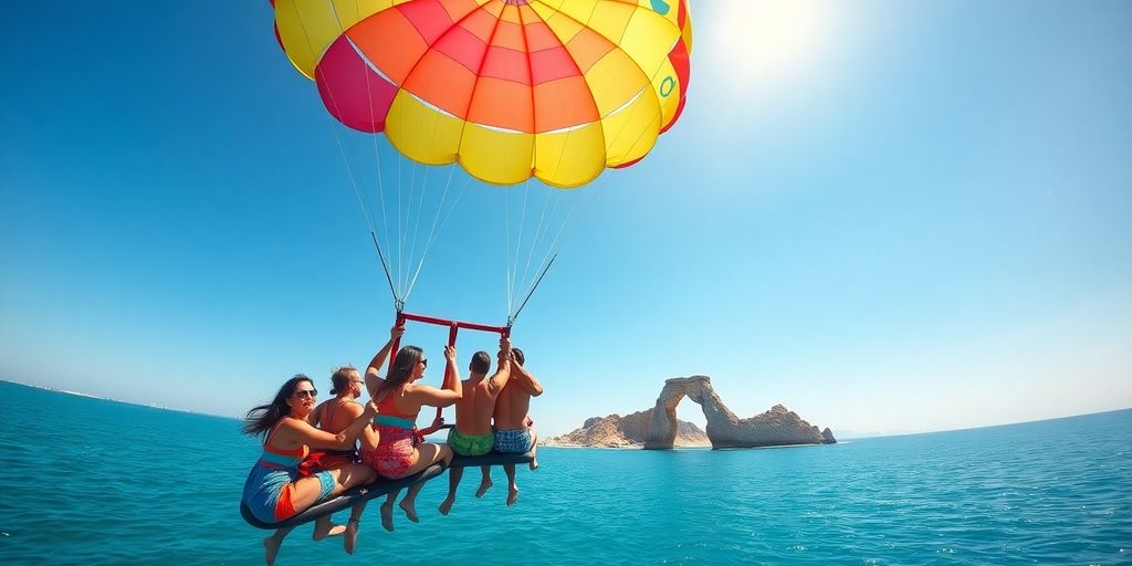 People parasailing over turquoise Cabo waters, distant arch.