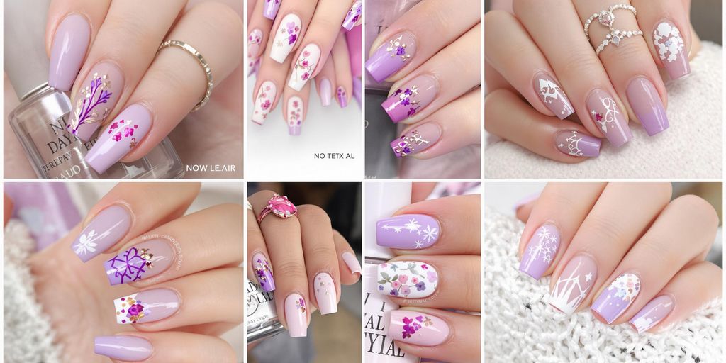 Unhas lilás decoradas com temas criativos e delicados.