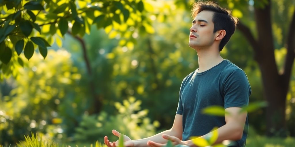 Person meditating in nature, practicing deep breathing techniques.