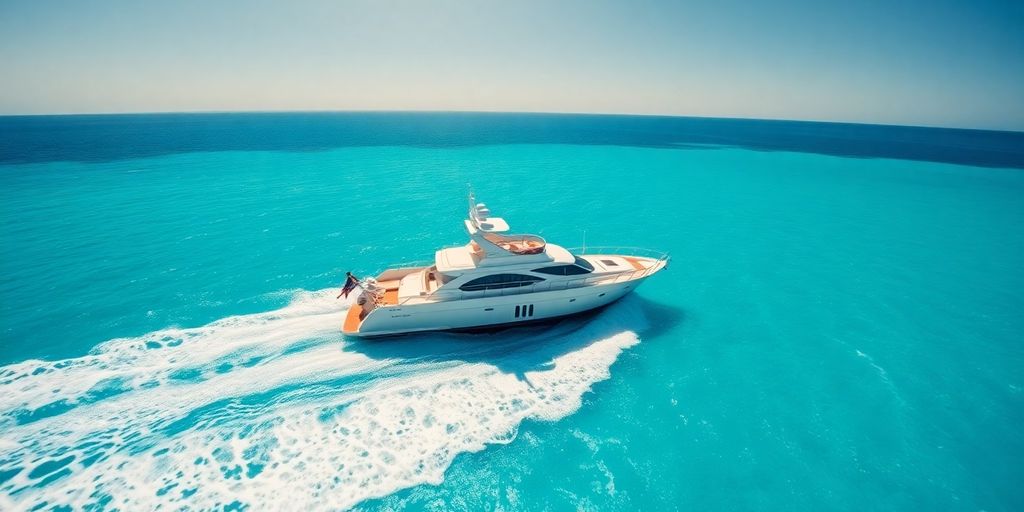 Luxury yacht sailing on clear blue water during a sunny day.