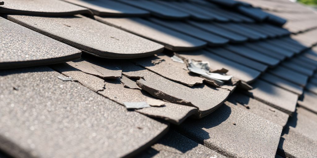 Close-up of damaged roof shingles and tiles.