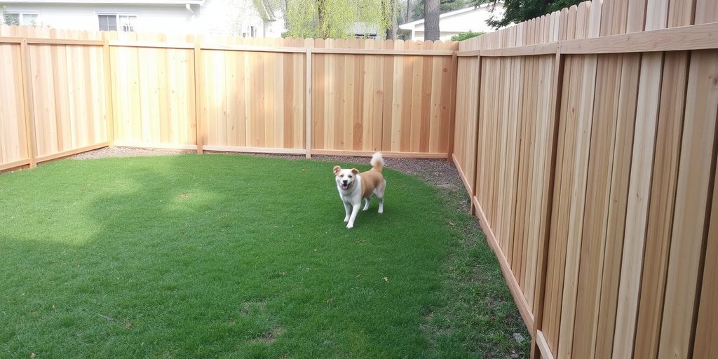 Dog playing in fenced backyard