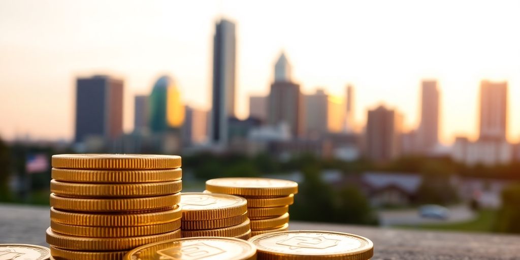 Shining gold coins; Dallas cityscape.