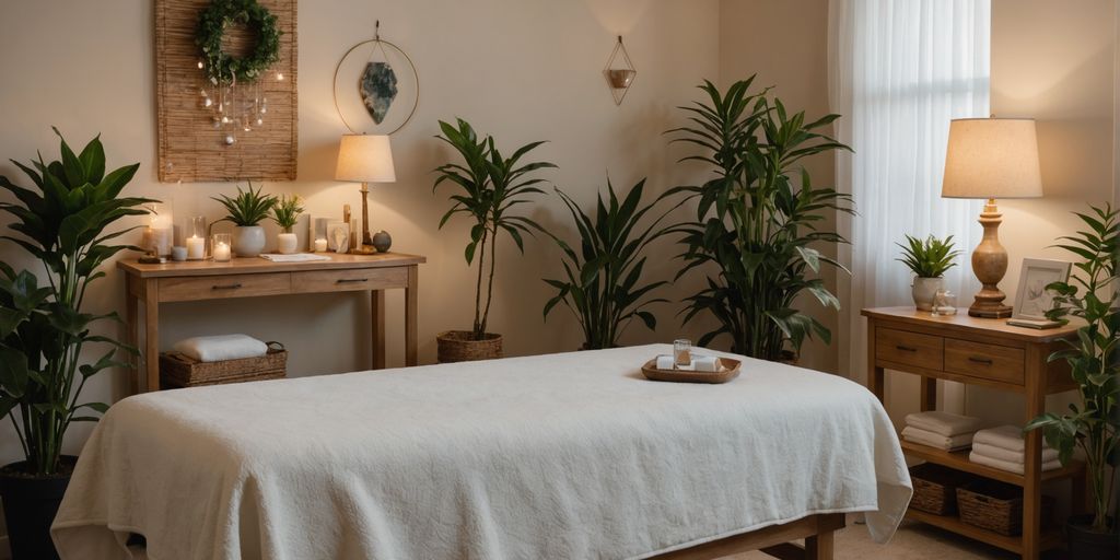 Therapist's room with massage table and calming decor.