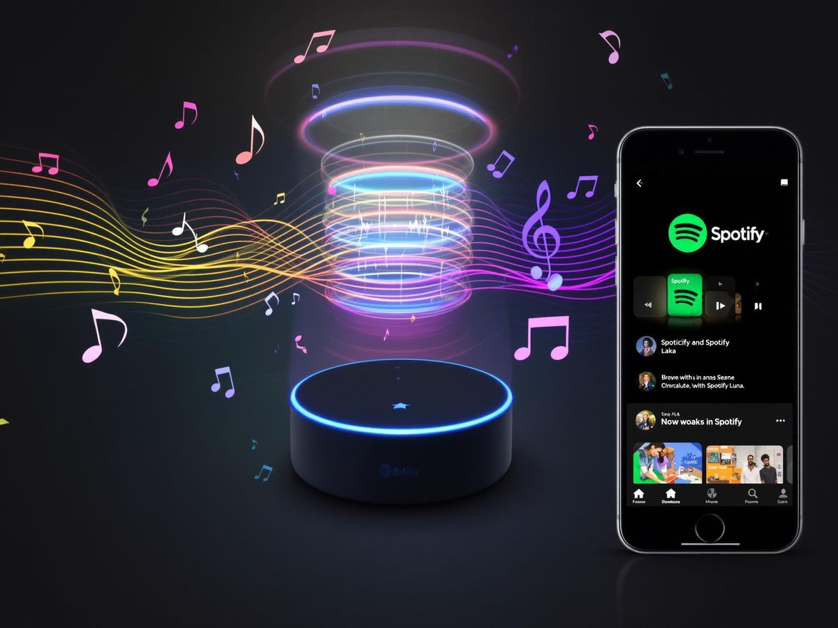 Smart speaker with sound waves and Spotify app displayed.