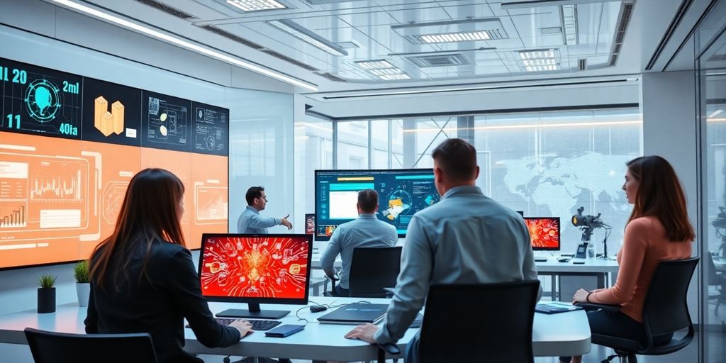 Futuristic office with advanced technology and modern workspace.