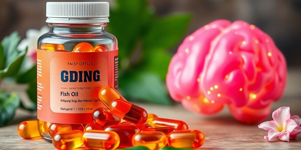 Omega-3 fish oil capsules near a healthy brain.