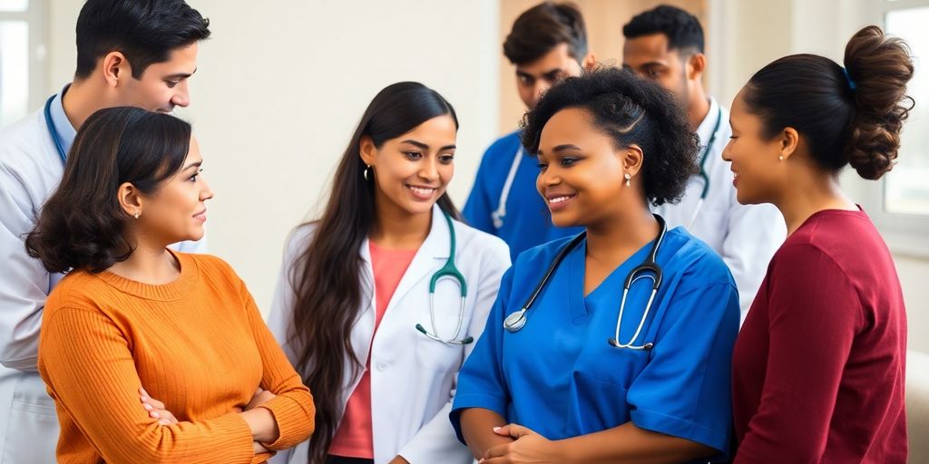 Healthcare professionals communicating with diverse patients in clinic.