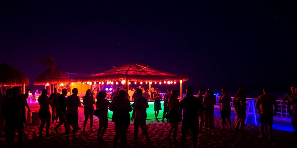 Cabo nightlife scene with vibrant lights and dancing people.