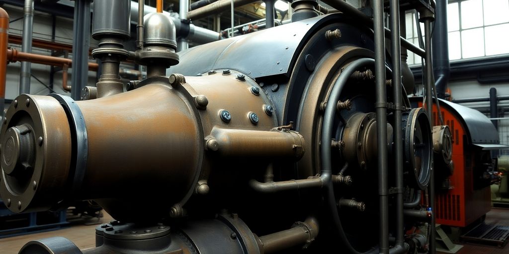Industrial steam boiler in an operational facility.