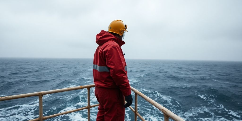 Offshore worker in protective gear on a platform.