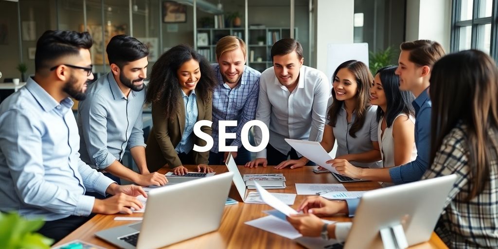 Group discussing SEO strategies in a modern office setting.