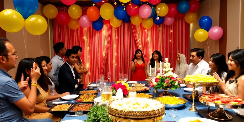 Colourful party scene with decorations and happy guests.