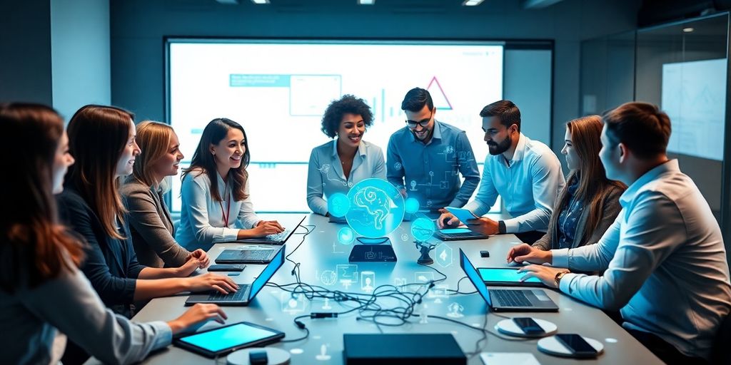 Group of professionals collaborating with AI tools.