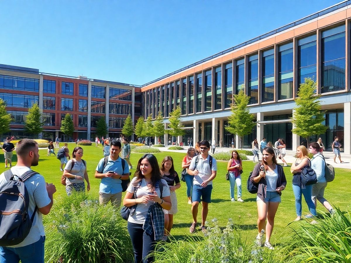 University Canada West campus with students and modern architecture.