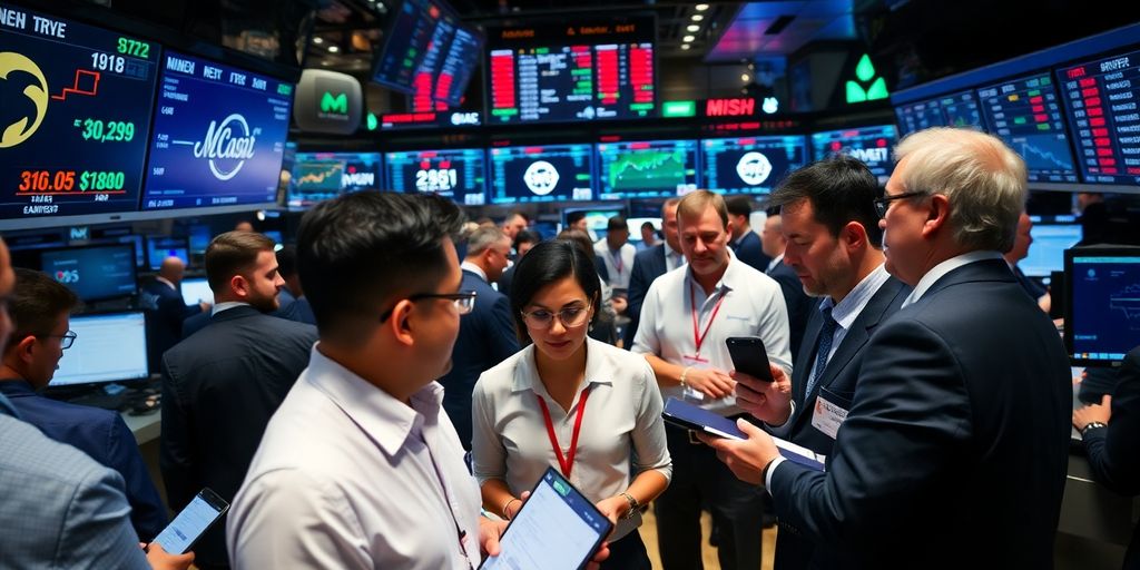 Diverse traders discussing strategies in a busy trading floor.