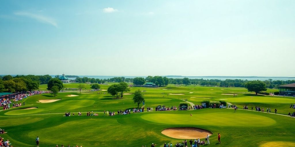 Aerial view of a lively PGA tournament with spectators.