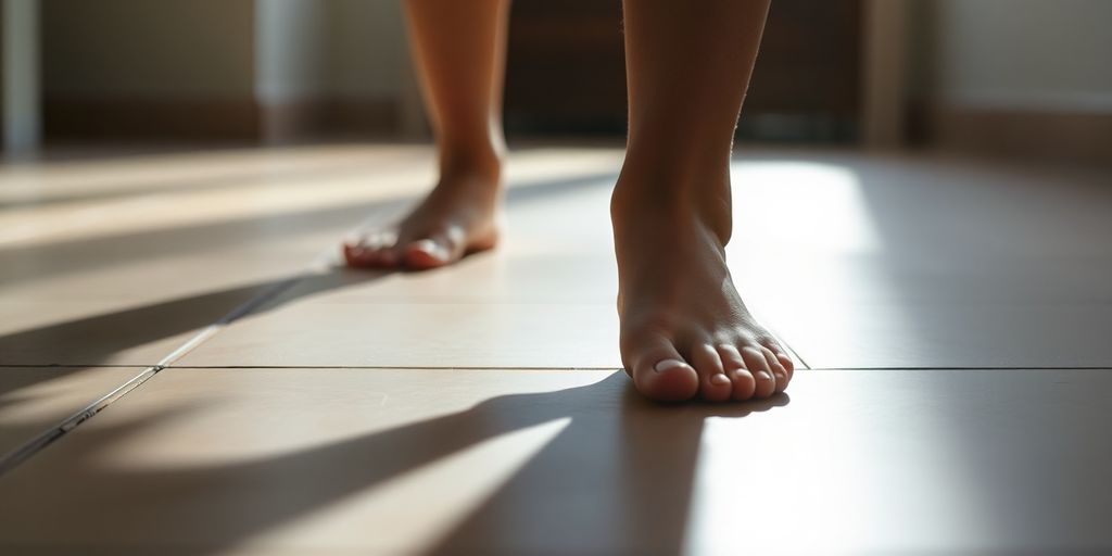 Feet on tiled floor, representing standing challenges in POTS.