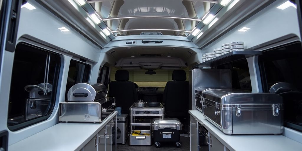 Mobile catering van with equipment.