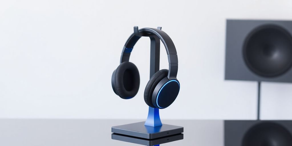 Kopfhörerständer mit Bluetooth-Kopfhörern.