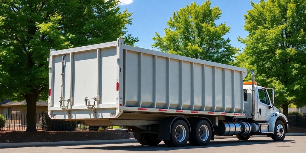 Dumpster rental truck placing a clean dumpster.