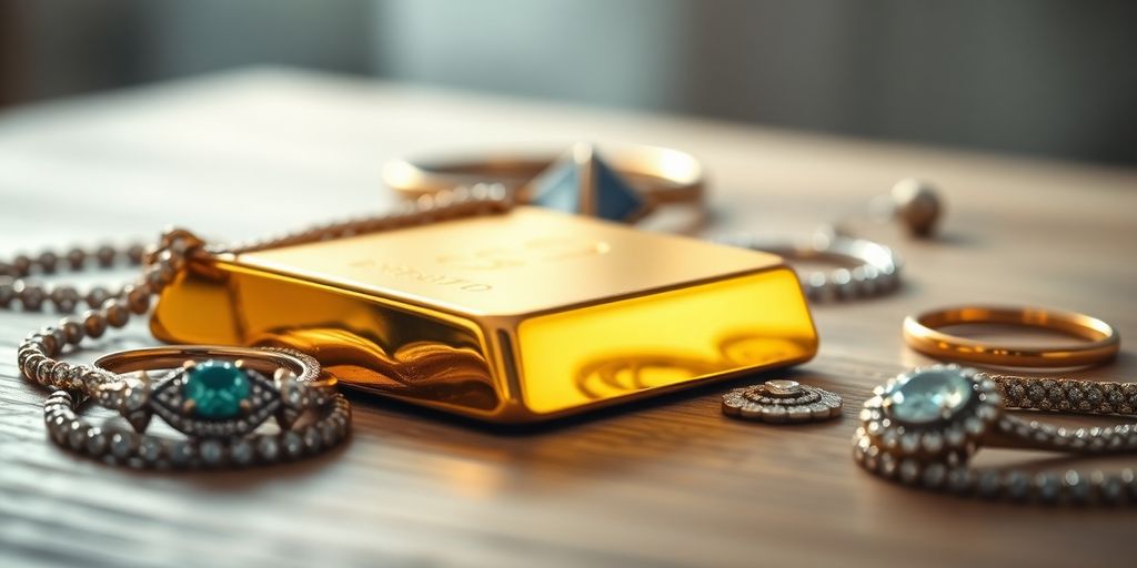 Barre d'or et bijoux sur une table en bois.