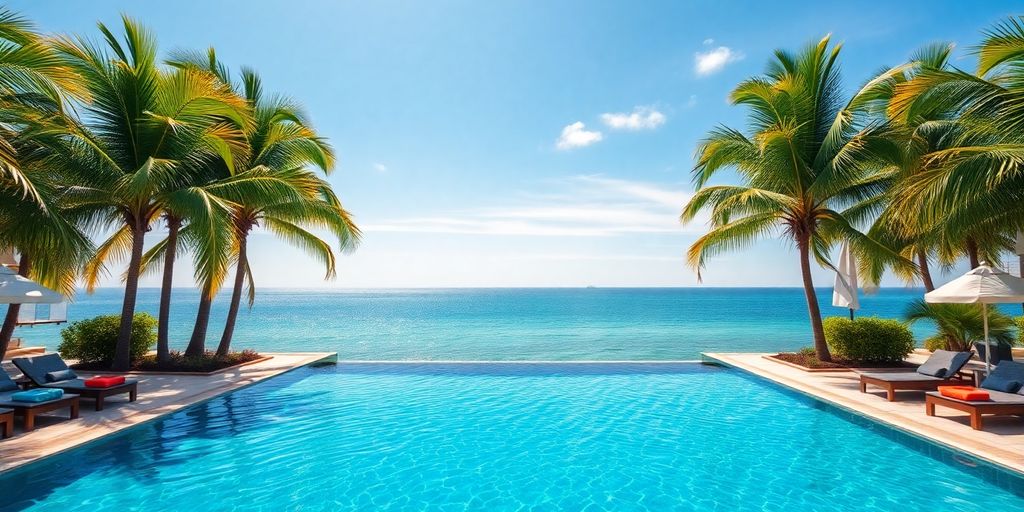 Luxury resort pool, ocean view, palm trees, sunny day.