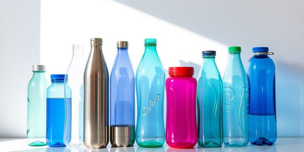 Assorted water bottles lined up on a vibrant background.