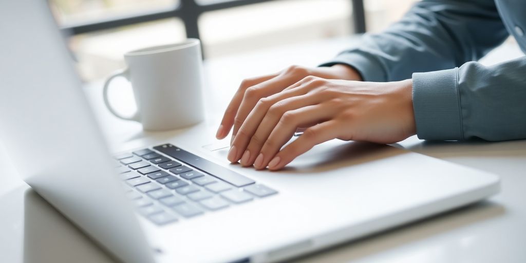 Laptop, coffee, and hands typing