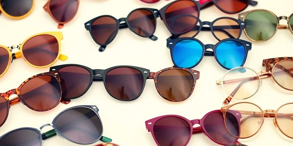 Various vintage sunglasses in different styles and colours.
