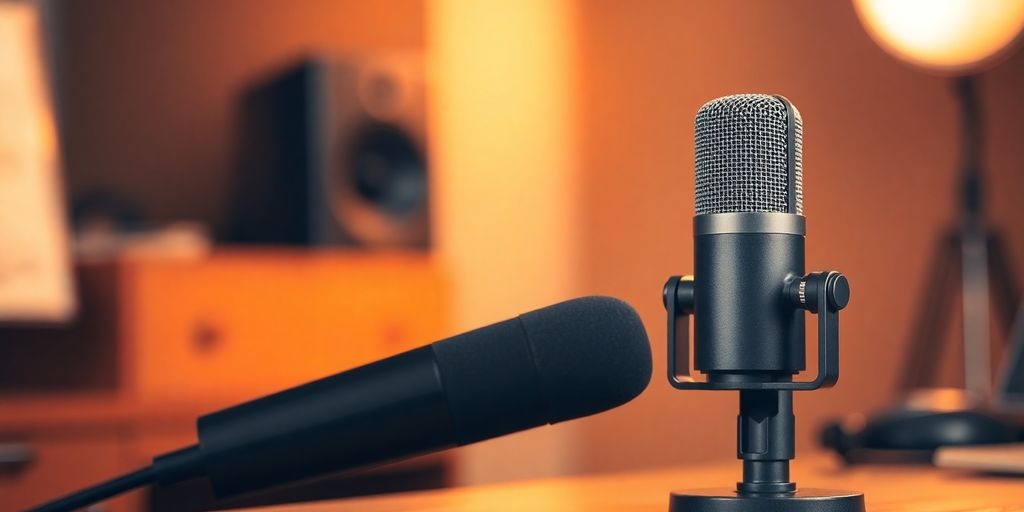 Micrófono de podcast sobre un escritorio iluminado.