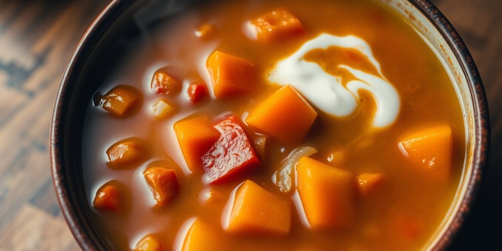 Delicious roasted vegetable soup, rustic bowl
