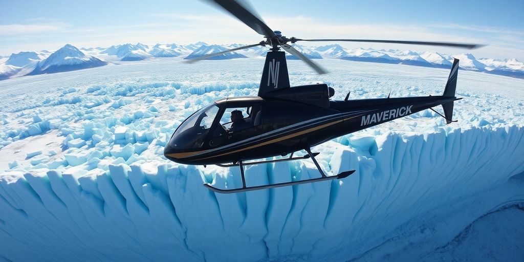 A Maverick helicopter flying over a vast Alaskan glacier.