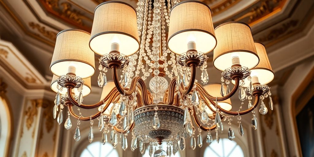 Luxurious crystal chandelier with fabric lamp shades.